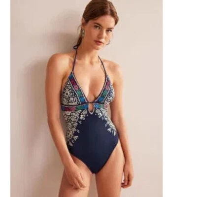 Boden Women's String One Piece Swimsuit Size 16 18 US Halter Blue Boho Print - Image 1 of 4