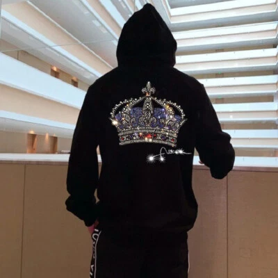 Fashion Crown Rhinestone Hot Drill Diamond Winter Hoodie Men Luxury Sweatshirt - Image 1 of 4