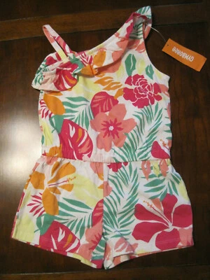 New NWT Gymboree Girl Hop 'n Roll Ruffle Shoulder Tropical Cotton Romper Sz 5 - Image 1 of 4