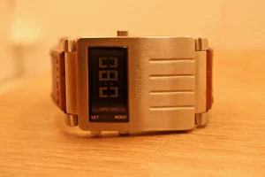 Mens Fossil jr-9576 Steel Rectangle Digital Watch Brown Leather New Batt - Picture 1 of 6