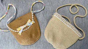 Little Girl Woven Straw Purse - Lot 2 - Dress Up Embroidery Trim Cloth Interior - Picture 1 of 5