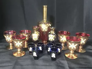 Antique VTG Murano Hand Painted Floral Decanter, Glass, Cordial Set 15 pieces - Picture 1 of 20