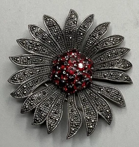925 SILVER MARCASITE,RUBY RED FLOWER BROOCH / PENDANT - Picture 1 of 6