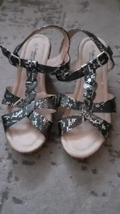 Ladies Black/Silver Snakeskin Cushion Walk High Wedge Platform Sandals. Size 7. - Picture 1 of 5