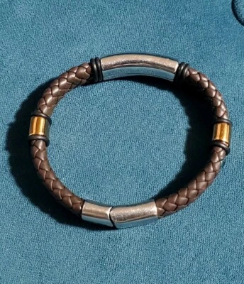 Pulseira masculina de couro marrom trançada com fecho deslizante aço inoxidável INOX - Imagem 1 de 4