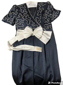VINTAGE PATRA PARTY DRESS NAVY BLUE & WHITE WITH REMOVABLE WHITE BOW SZ 13/14 - Picture 1 of 9