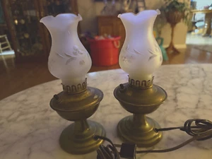2--Vintage Brass & Steel Mini Oil Lamp 8 1/2" Tall x 3 7/8" Diam - Picture 1 of 2