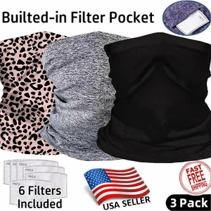 3 PACK Neck Gaiter with FILTER Bandana Breathable Scarf Headband for ADULT & KID - Picture 1 of 17