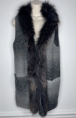 Chaleco Suéter Dana Stein Azul Gris Ombré Genuino Piel de Mapache Tejido Talla XS Foto 1 de 4