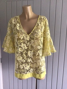 BNWT NEXT Ladies Lemon Sheer Lacy Blouse Top UK 14 V Neck Pom Pom 3/4 Sleeve - Picture 1 of 14