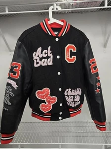 Caresha Please Wool Jacket With Leather Sleeves Youth Size L, Black And Read - Picture 1 of 17