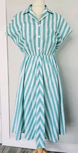 St Michael Vintage 1940s 1950s Style Green Striped Cotton Dress UK 10 12 - Picture 1 of 9