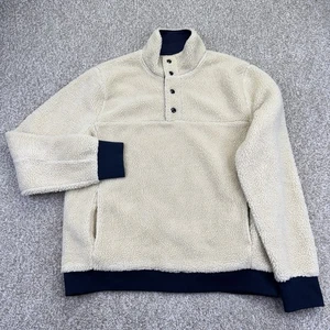 J Crew Sherpa mockneck Pullover Sweater Mens Large Beige Blue Authentic Fleece - Picture 1 of 12