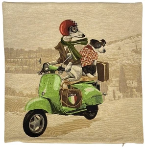 GREEN SCOOTER DOG RACERS 18" BELGIAN TAPESTRY CUSHION PILLOW COVER, VELVET BACK - Picture 1 of 6