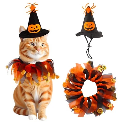 Disfraz de Halloween para Gato Conjunto Tema Calabaza Bruja Sombrero y Capa Divertido Conjunto Foto 1 de 4