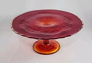 Viking Glass Cake Stand Red Amberina Yesteryear Higbee Laurel - 9.85" - Picture 1 of 5