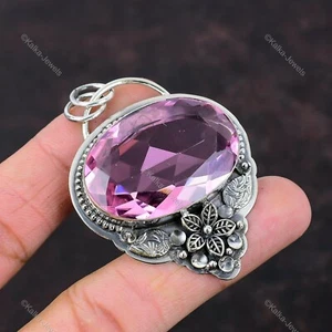 Faceted Pink Kunzite Pendant 925 Sterling Silver Gemstone Handmade Flower Pendan - Picture 1 of 9