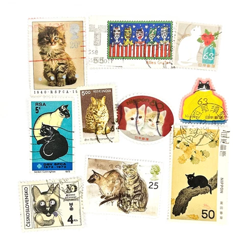 10 x Cat postage stamps - all different, from 6 countries, off paper used -Cats Cover