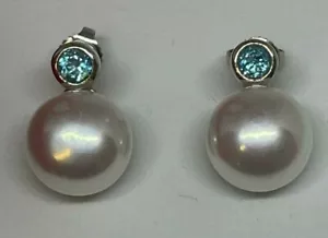 Fresh Water Pearl Topaz 925 Sterling Silver Earrings 12mm pearl! RHODIUM DIPPED - Picture 1 of 5