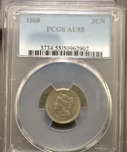 1868 Three Cent Nickels PCGS AU55 Lot 297 - Picture 1 of 4