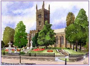 "TARJETA DE SALUDO IMPRESA DE ARTISTAS ACUARELA IGLESIA DE SAN PETER WOLVERHAMPTON 8""x 6"" - Imagen 1 de 1