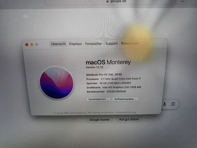 MacBook Pro 15 Zoll (2016) – i7 2,7 GHz, 16 GB RAM, Radeon Pro 460  Defekt  - Bild 1 von 4