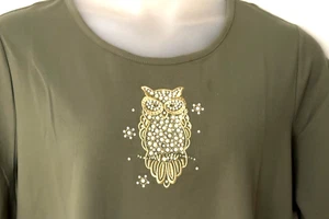 NWT Womens QUACKER FACTORY Green Embroided Embellished OWL Top Shirt 2X - Picture 1 of 2