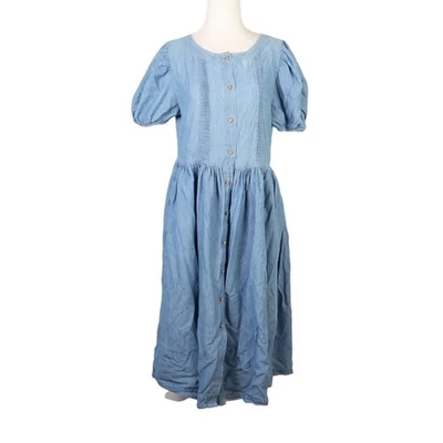 Vintage 90s Laura Ashley light wash blue denim midi dress 4 - Image 1 of 4