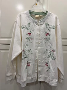 CC Hughes Womens 3X Floral Embroidered Button-Up Cardigan Sweatshirt White - Picture 1 of 5