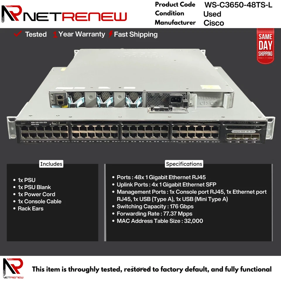 WS-C3650-48TS-L Cisco Catalyst  48 Port 4x1G Uplink Port Ethernet Switch - Image 1 of 1