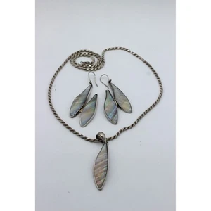 Modernist Sterling Silver Abalone Shimmer Necklace Dangle Earrings Jewelry Set - Picture 1 of 15