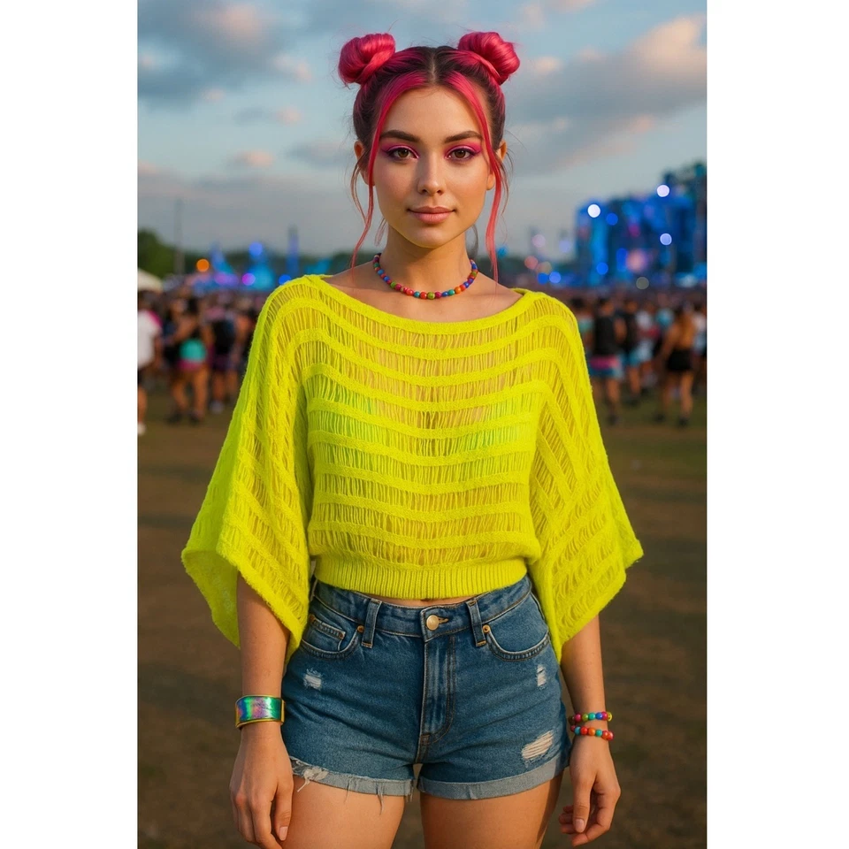 Top Rampage Verde Neón Brillante Talla S Y2K Bohemio Gran Tamaño Recortado Festival Rave Foto 1 de 4