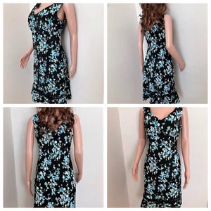 Pretty Black, Blue Floral Print Sleeveless Dress-Size 10-Figure Flattering Style - Picture 1 of 6
