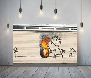 BANKSY TIRE ON FIRE -DEEP FRAMED CANVAS WALL ART PICTURE PAPER PRINT- ORANGE - Picture 1 of 17