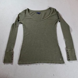 Y2K American Eagle Babydoll Henley Shirt Youth Large Green Waffle Knit Grunge - Picture 1 of 12