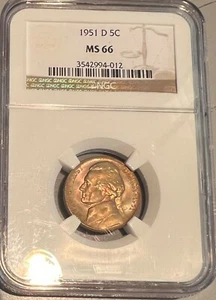 1951-D 5C Jefferson Nickel NGC MS66 - Picture 1 of 2