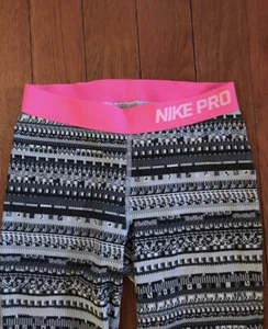 Nike Pro Leggings Black Print Pink Girls Sz L Large Workout Athletic Women XS - Picture 1 of 9