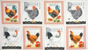 DOWN on the FARM, HENS ROOSTERS, Farmhouse 8 Block Craft Quilt PANEL, 24" x 44" - Picture 1 of 2