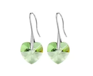 925 Sterling Silver Heart shaped Earrings made with Swarovski Crystals PERIDOT - Picture 1 of 3