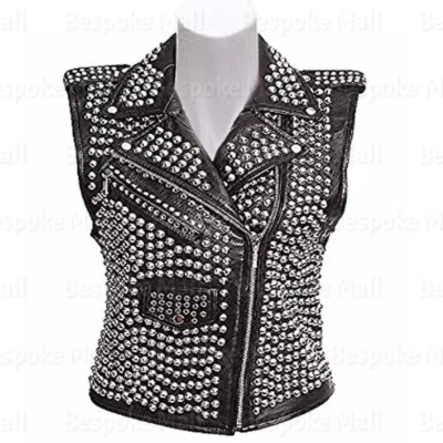 New Women's Black Punk Silver Studded Unique Style Rock Biker Leather Vest-500 - Image 1 of 3