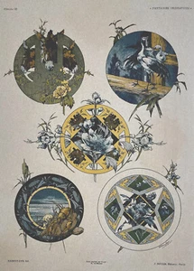 Cromolitografía París por Jules A. Halbert - Langosta Cigüeña Vaca Floral Antiguo - Imagen 1 de 11