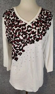 Chicos T Shirt Women Sz 3 Sequin Animal Print 3/4 Sleeve V Neck Purple White NWT - Picture 1 of 22