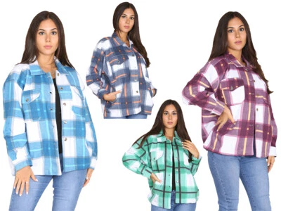 Women Ladies Fleece Casual Jacket Shacket Check Collared Girls Top Shirt Coat UK - Image 1 of 4