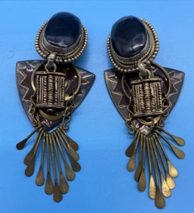 Artisan Clip Earrings Oval Onyx Brass/Copper w/Multiple Dangles - 1 of Kind VTG - Picture 1 of 11