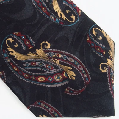 Corbata de cuello vintage con remolinos de cachemira estilizada cuerno de caza 56x3,5 negra dorada Foto 1 de 4