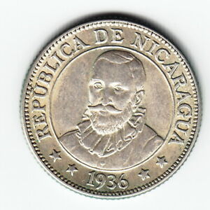 NICARAGUA 10 centavos 1936 KM13 Ag800 last date Minted 250,000 RARE in TOP GRADE