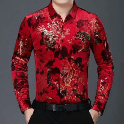 Men Velvet Floral Shirts Casual Long Sleeve Blouse Tops Slim Flower Warm Vintage - Image 1 of 4