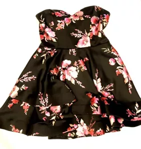 B Darlin Dress Women 15/16 Black Pink Floral Strapless Formal Tiered Juniors - Picture 1 of 9