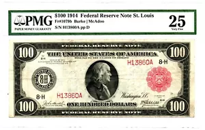 Fr. 1079b $100 1914 Red Seal Federal Reserve Note PMG Very Fine 25. - Picture 1 of 2