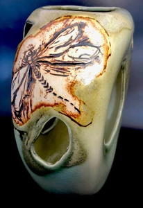 Signed Art Studio Pottery Vase Sage Green With Dragonfly 8.5" - Picture 1 of 10